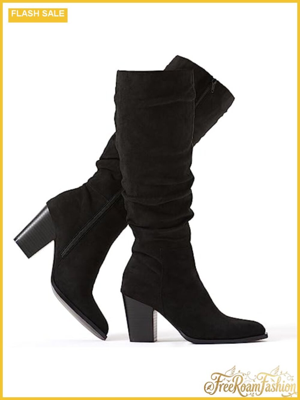 Womens Knee High Boots Faux Suede Pointed Toe Slouchy Block Heel Zip